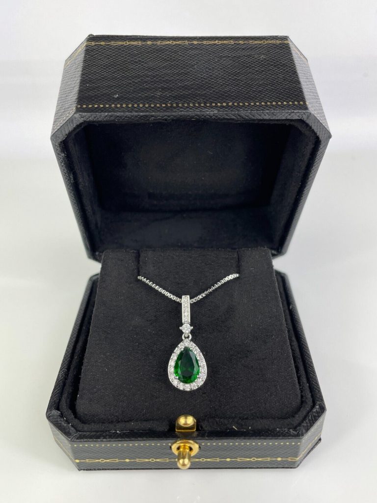 WHITE GOLD FINISH Pear Cut Green Emerald With Created Diamond Pendant Necklace