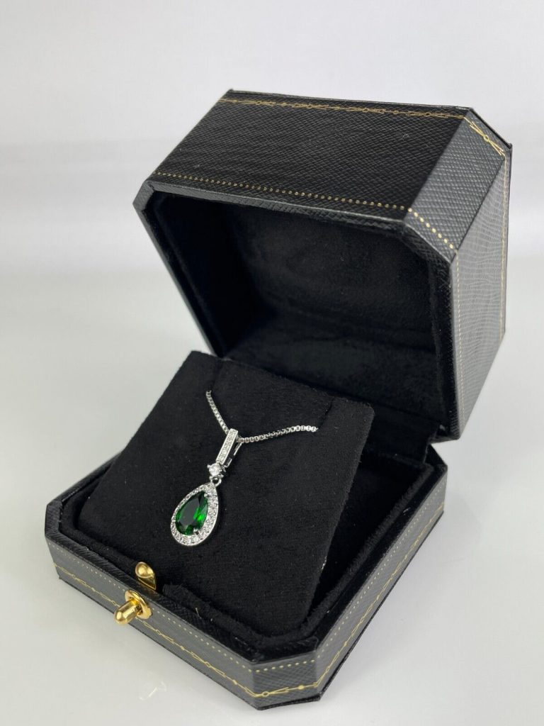 WHITE GOLD FINISH Pear Cut Green Emerald With Created Diamond Pendant Necklace