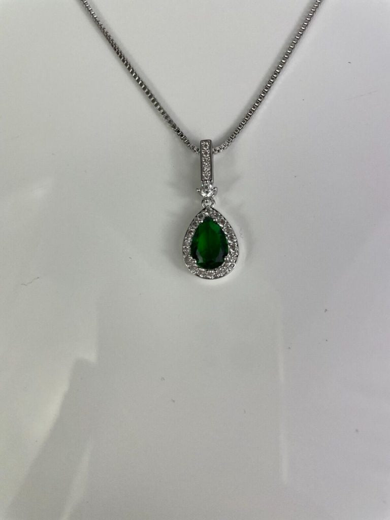 WHITE GOLD FINISH Pear Cut Green Emerald With Created Diamond Pendant Necklace