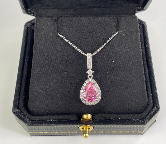 WHITE GOLD FINISH Pear Cut Pink Tourmaline and Created Diamond Pendant Necklace