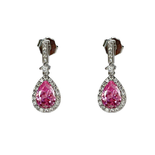 WHITE GOLD FINISH Pear Cut Pink Tourmaline and Created Diamond Stud Earrings