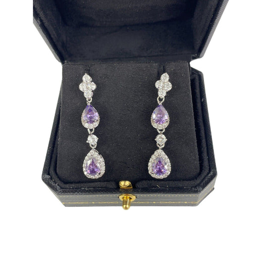 WHITE GOLD FINISH Pear Cut Purple Amethyst Created Diamond Stud Earrings