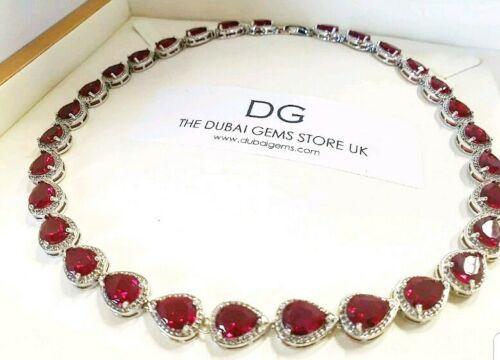 White gold finish pear cut red ruby created diamond necklace