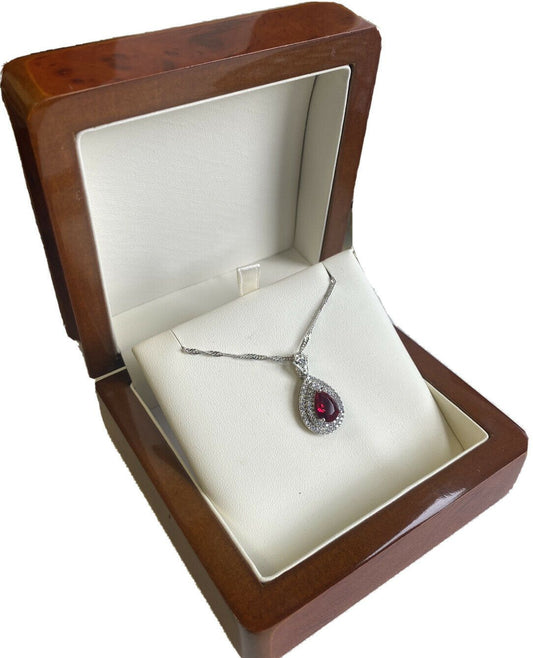 White gold finish Pear Cut Ruby and created diamond necklace Dubai Ruby