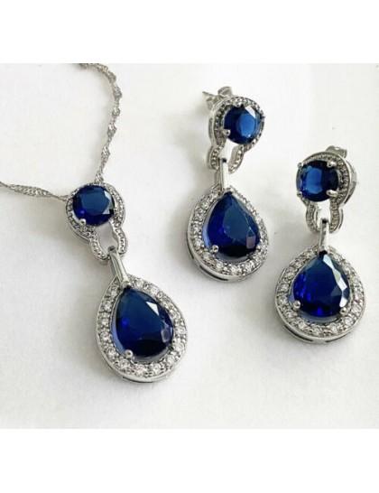 White gold finish Pear Cut Sapphire And created diamond necklace And Earrings