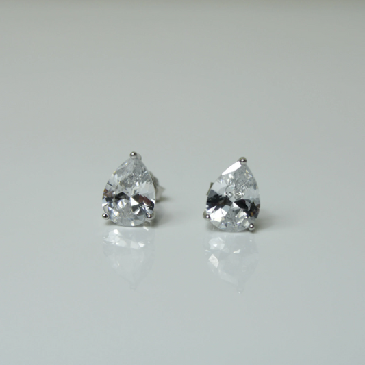 WHITE GOLD FINISH Pear Cut Tear Drop Created Diamond 3 Claw Stud Earrings Including Gift Box