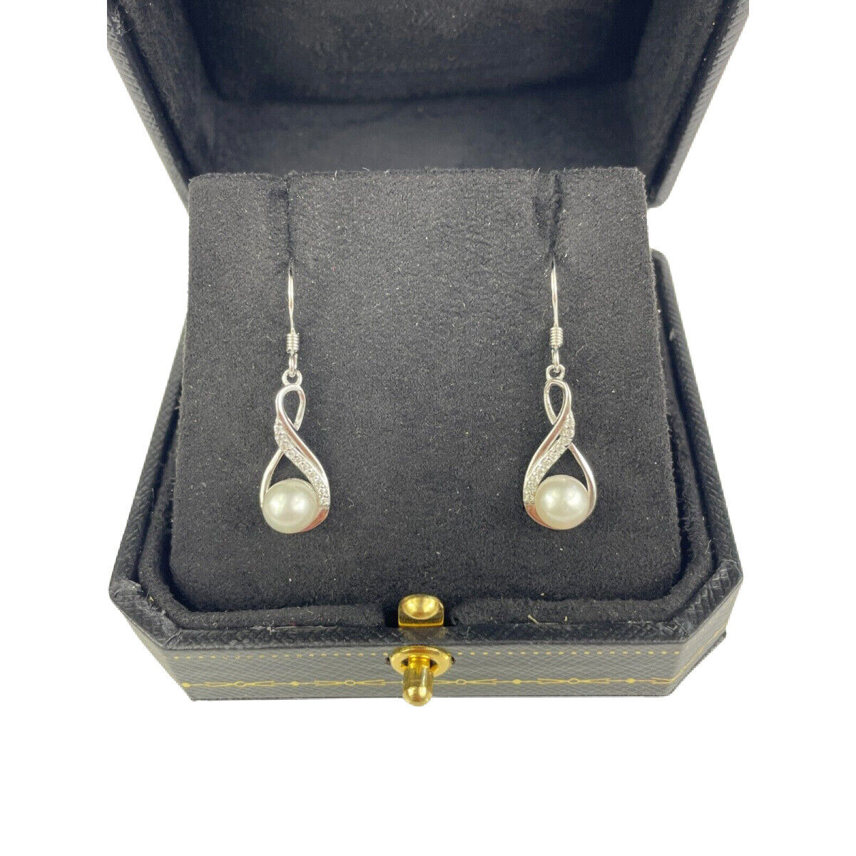 WHITE GOLD FINISH Pearl Round Cut Created Diamond Swirl Earrings