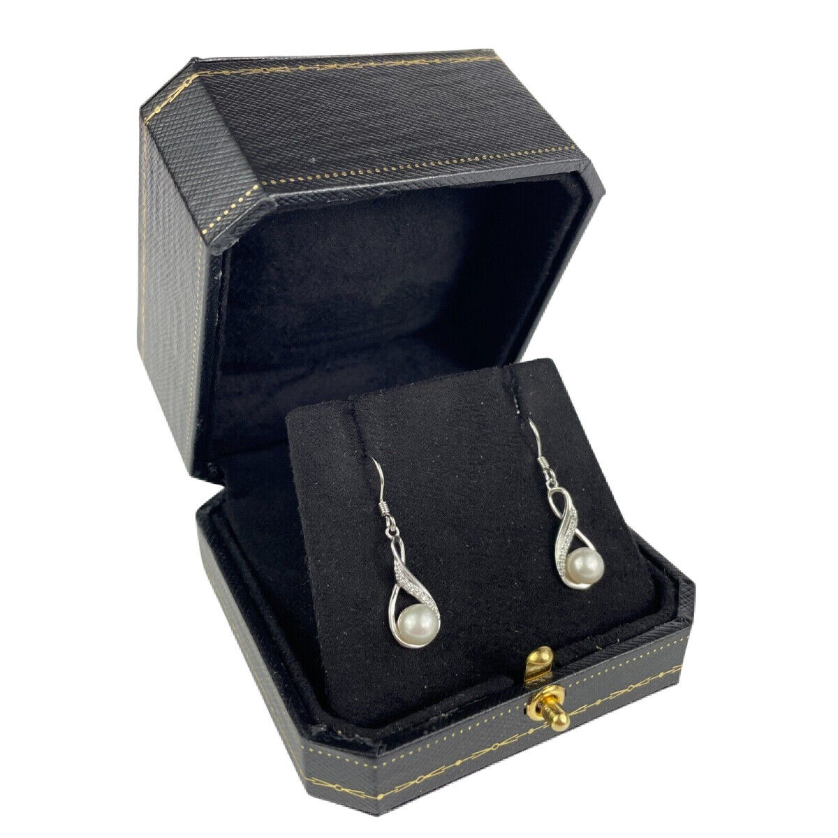 WHITE GOLD FINISH Pearl Round Cut Created Diamond Swirl Earrings