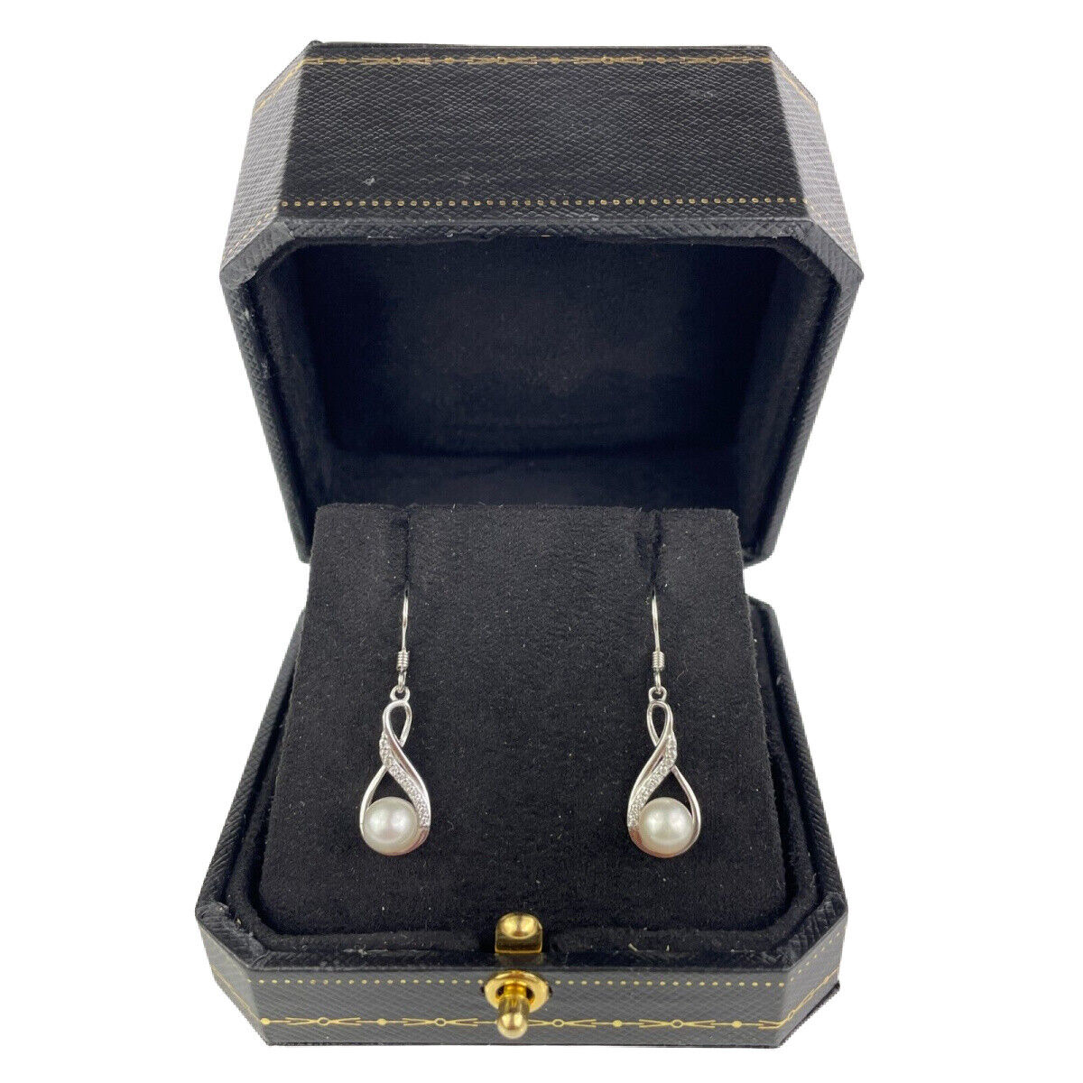 WHITE GOLD FINISH Pearl Round Cut Created Diamond Swirl Earrings