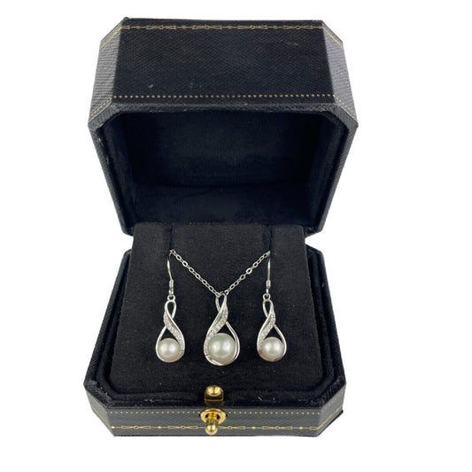 WHITE GOLD FINISH Pearl Round Cut Created Diamond Swirl Jewellery Set
