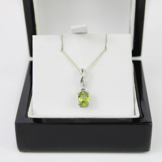 WHITE GOLD FINISH Peridot Green Oval Cut Swirl Created Diamond Necklace