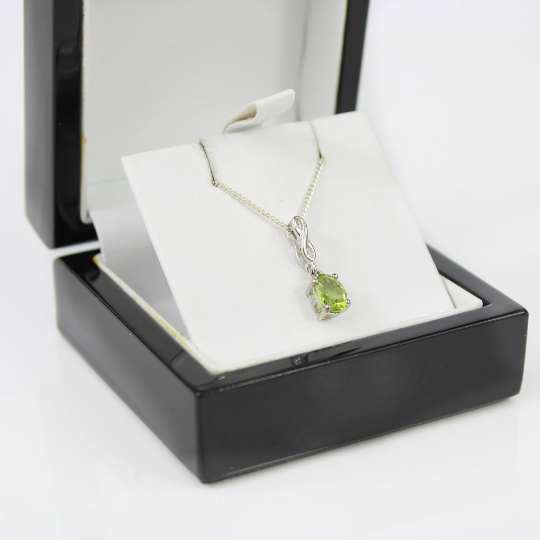 WHITE GOLD FINISH Peridot Green Oval Cut Swirl Created Diamond Necklace