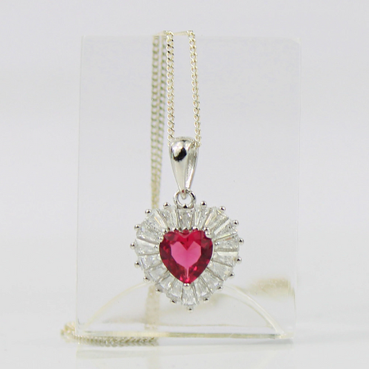 WHITE GOLD FINISH Pink Sapphire Heart Baguette Cut Created Diamond Pendant Necklace