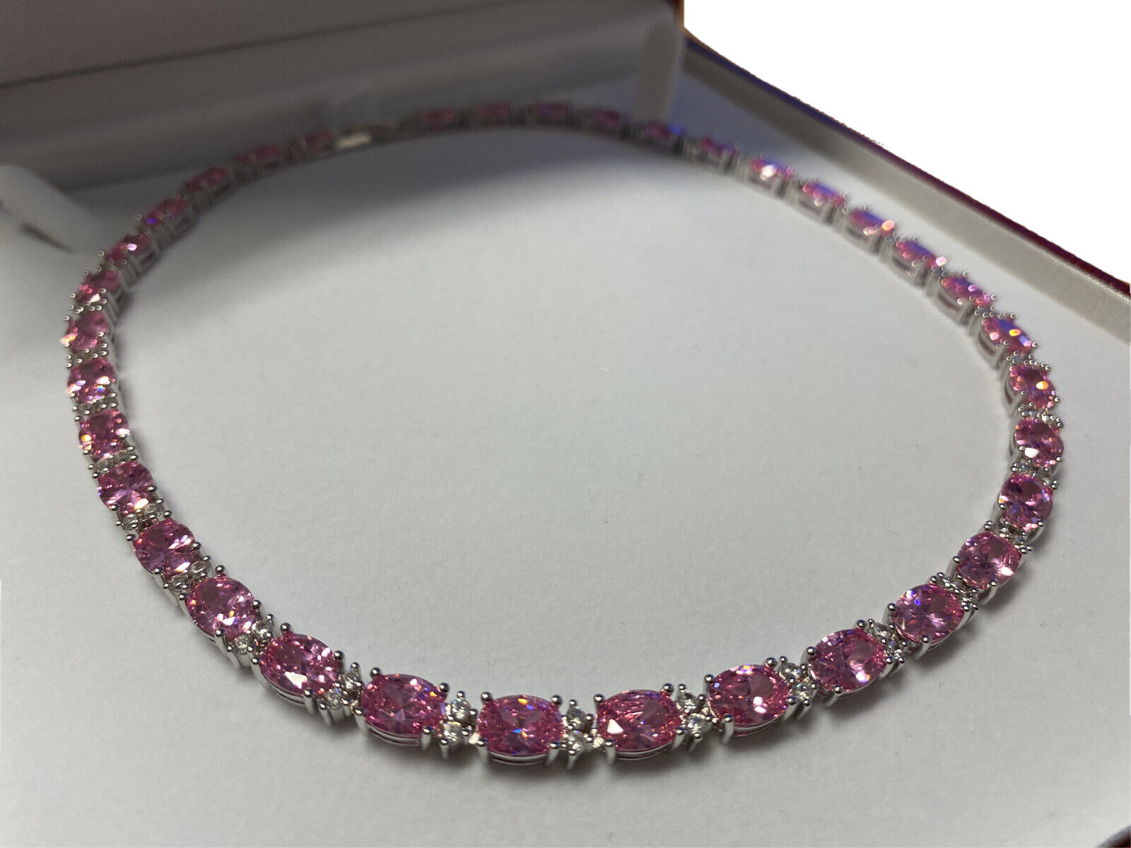 White gold finish Pink tourmaline and created diamonds necklace