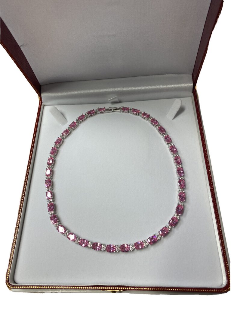 White gold finish Pink tourmaline and created diamonds necklace