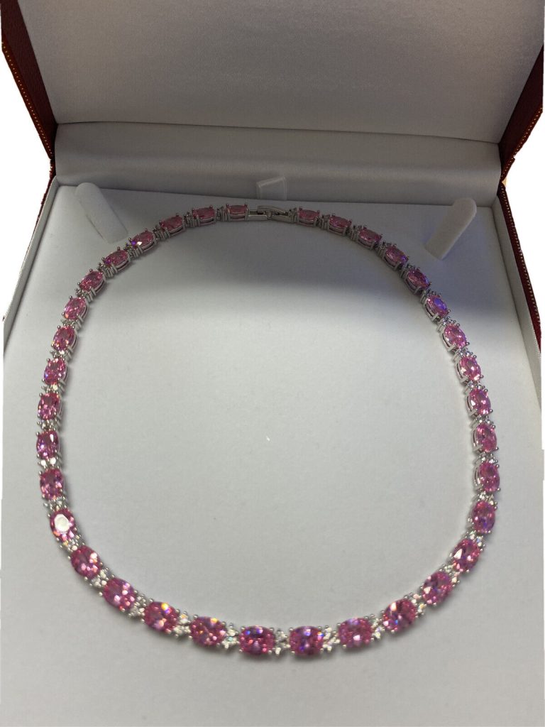 White gold finish Pink tourmaline and created diamonds necklace