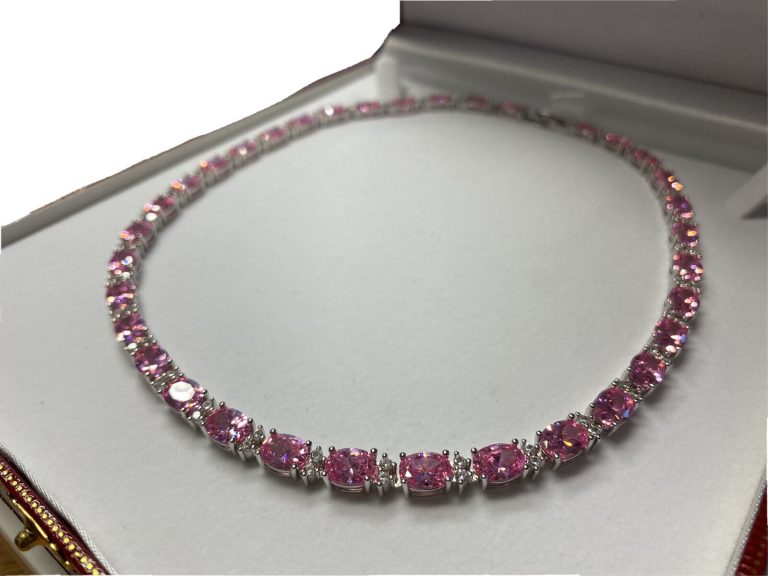 White gold finish Pink tourmaline and created diamonds necklace