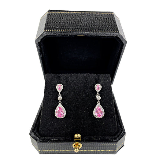 WHITE GOLD FINISH Pink Tourmaline Pear Cut Created Diamond Dangle Earrings