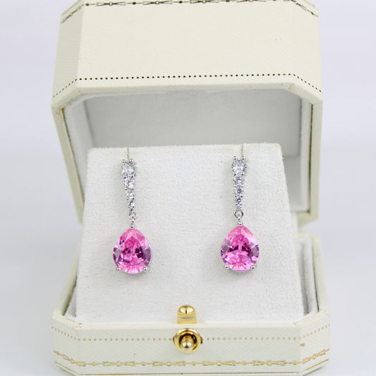 WHITE GOLD FINISH Pink Tourmaline Pear Cut Created Diamond Dangle Earrings