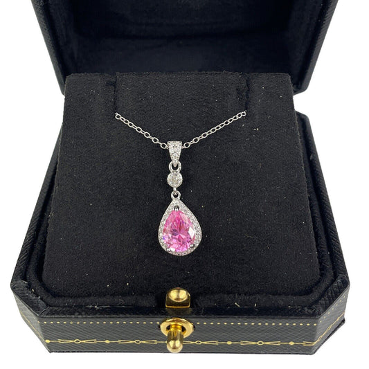 WHITE GOLD FINISH Pink Tourmaline Pear Cut With Created Diamond Necklace