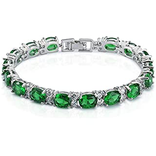 RIVIERA – White Gold Finish Tennis Bracelet Green Emerald Oval Gemstone With Created Diamonds