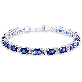 RIVIERA – White Gold Finish Tennis Bracelet Blue Sapphire Oval Gemstone With Created Diamonds