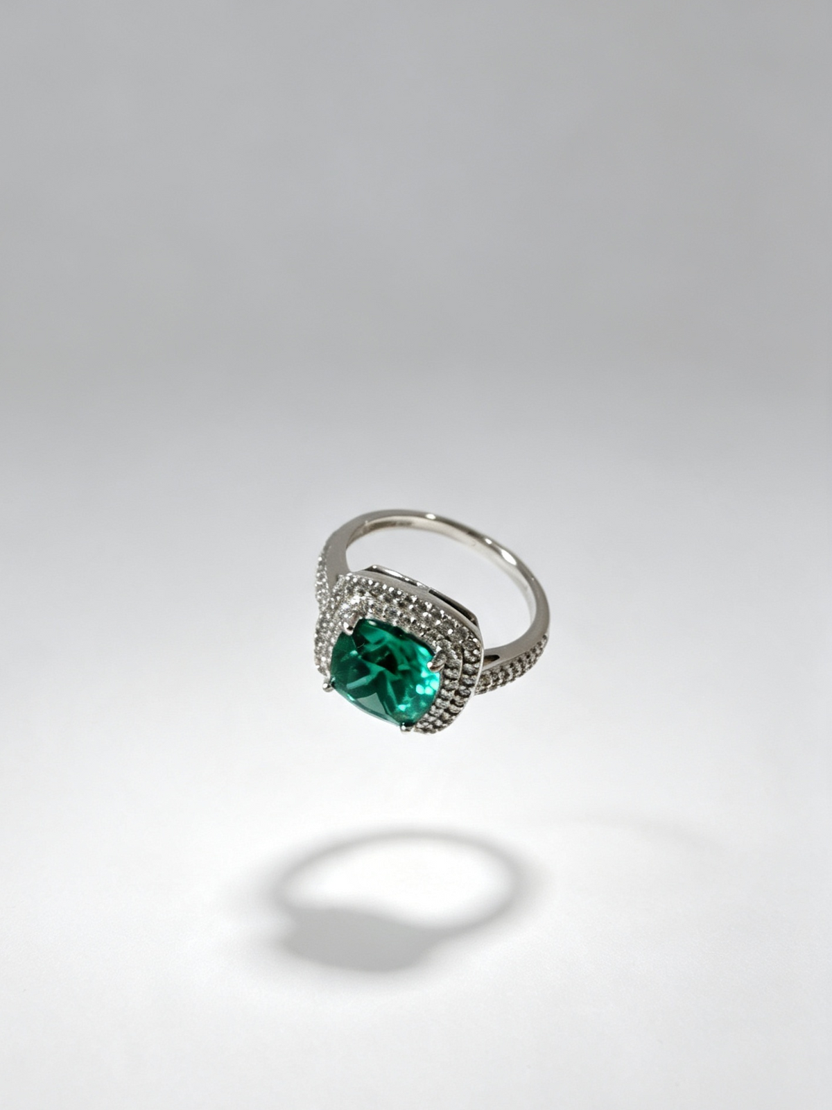 Emerald Green Cushion Cut Halo Ring