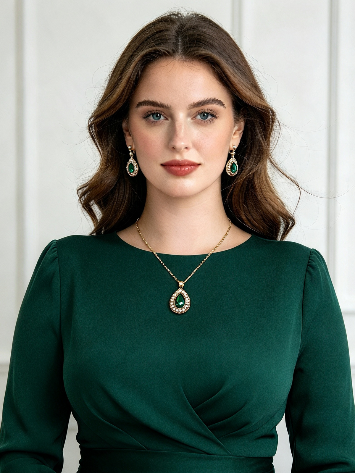 Elowen | Emerald-Colour Pear-Cut Necklace & Earring Set | Dubai Gems