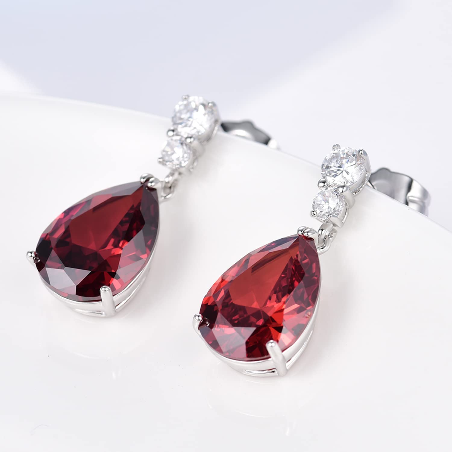 Classic Pearcut – White Gold Finish Red Ruby Created Diamond Teardrop Party Earrings