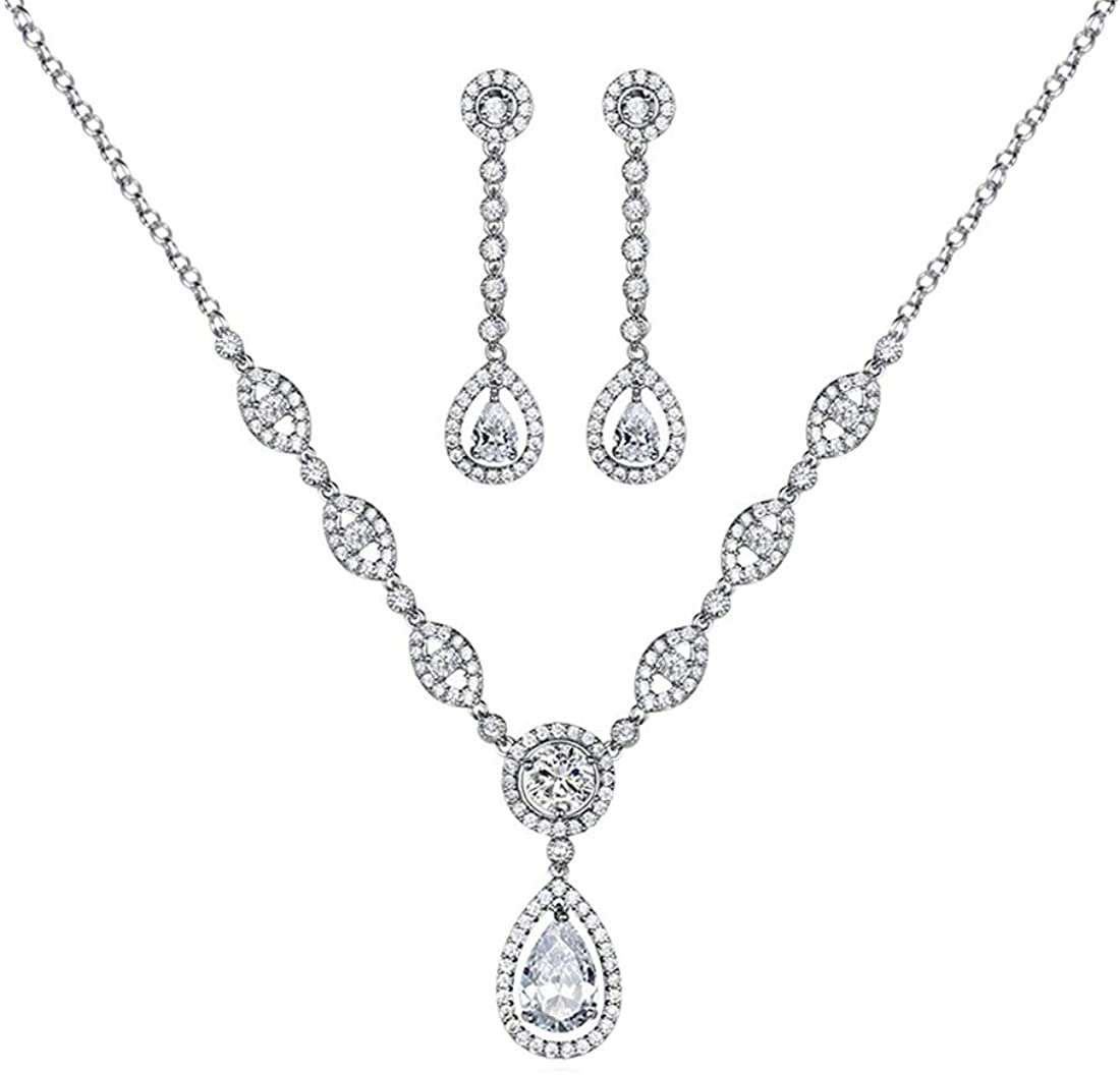 Sultana White Gold Women’s Party Clear Jewellery Set Dangled Earrings and Silver Necklace Plated