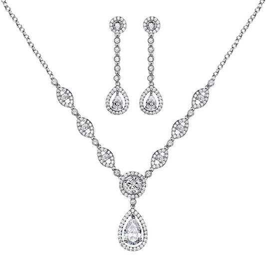 Sultana White Gold Women’s Party Clear Jewellery Set Dangled Earrings and Silver Necklace Plated