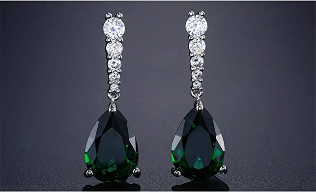 White gold finish Green Emerald And Created diamond Pear cut Droplet earrings