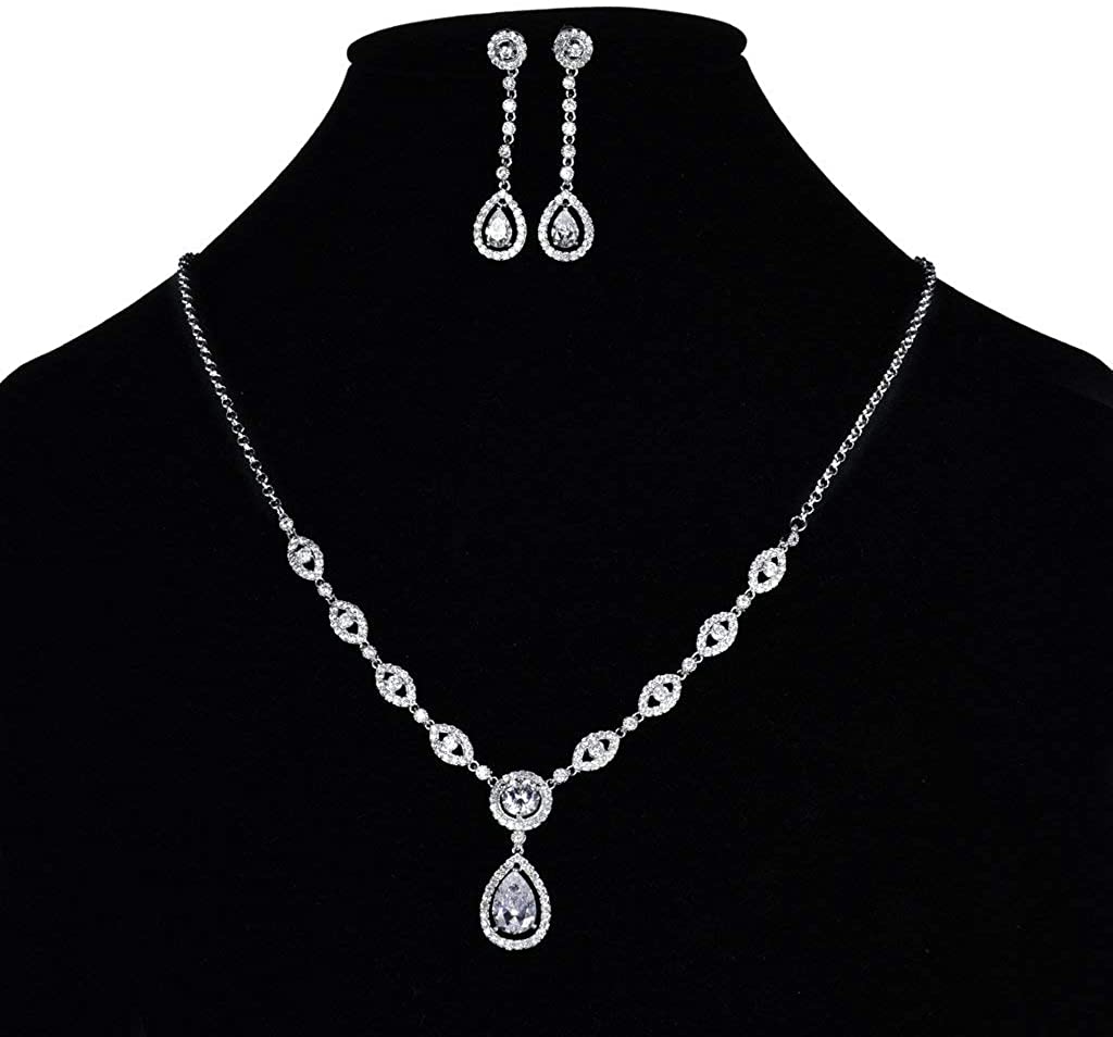 Sultana White Gold Women’s Party Clear Jewellery Set Dangled Earrings and Silver Necklace Plated