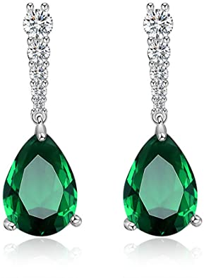 White gold finish Green Emerald And Created diamond Pear cut Droplet earrings