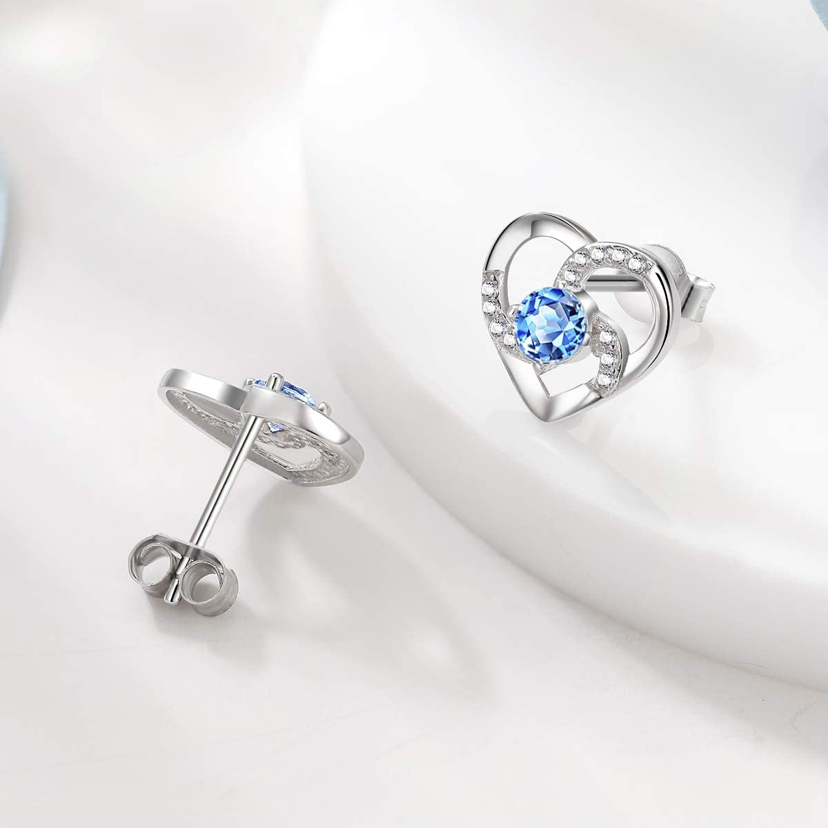 Amour – WHITE GOLD FINISH 925 Sterling Silver Round Cut Blue Topaz Created Diamond Heart Swirl Earrings