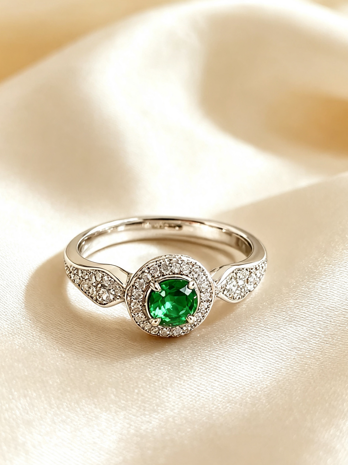 The Celeste — Emerald & Diamond Halo Ring—— DUBAI GEMS