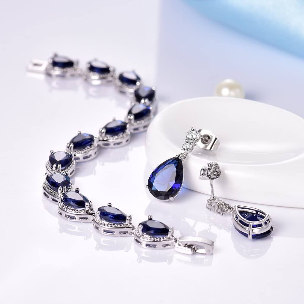 White Gold Finish Sapphire Created Diamond Teardrop Party Earrings and Bracelet