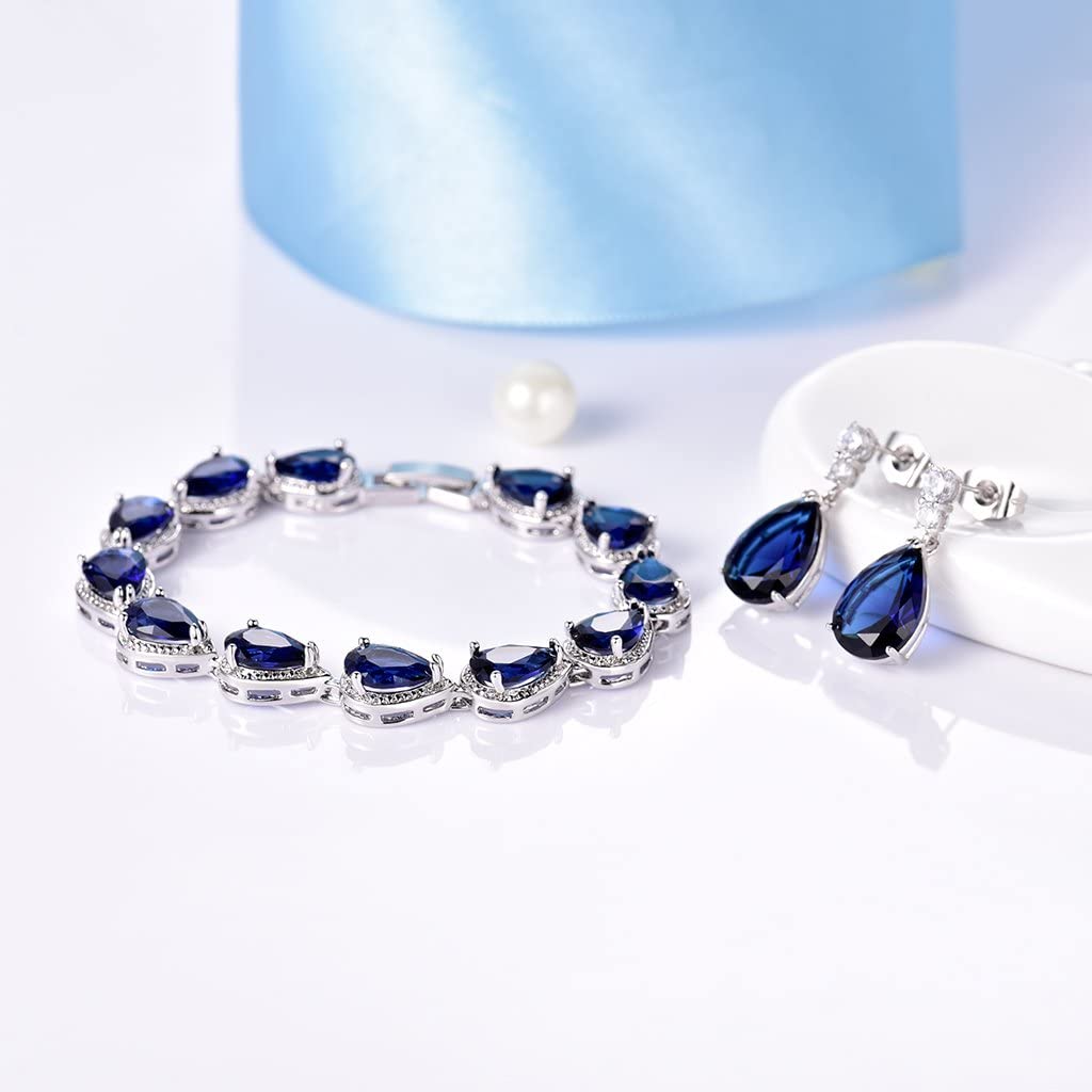 White Gold Finish Sapphire Created Diamond Teardrop Party Earrings and Bracelet