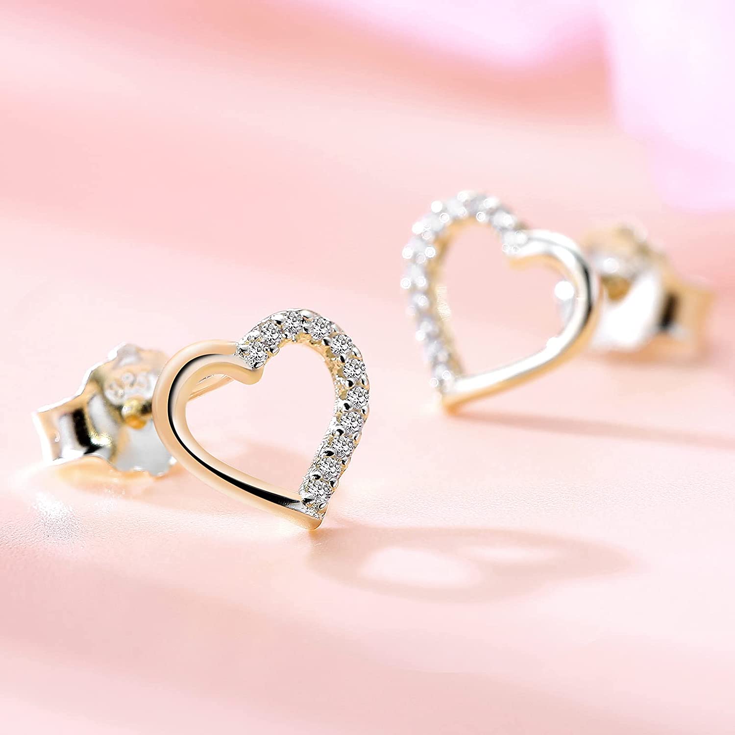 AMOUR – 925 Sterling Silver Studs With Sparkling Created Diamond Yellow Gold Finish Heart Shape For Women