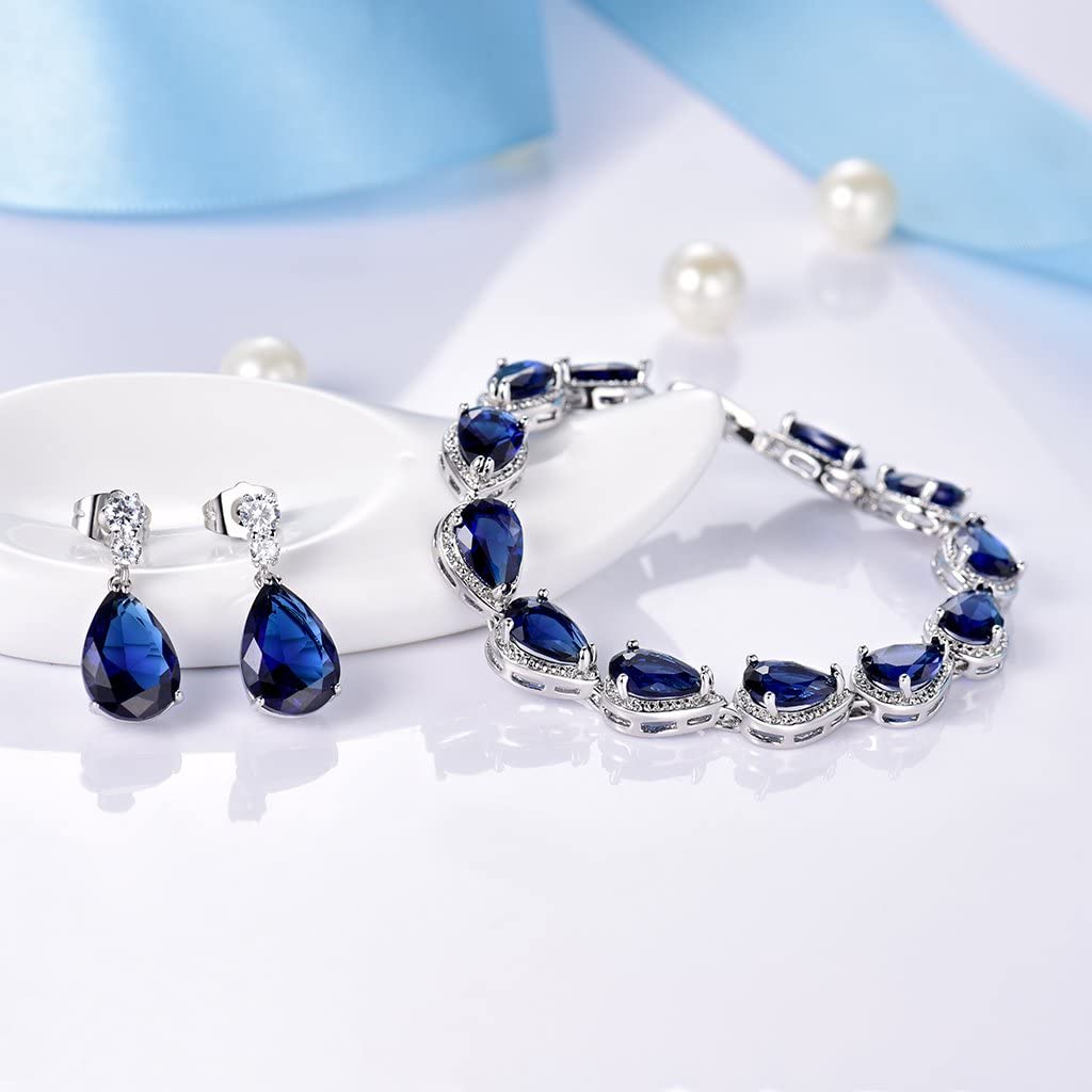 White Gold Finish Sapphire Created Diamond Teardrop Party Earrings and Bracelet