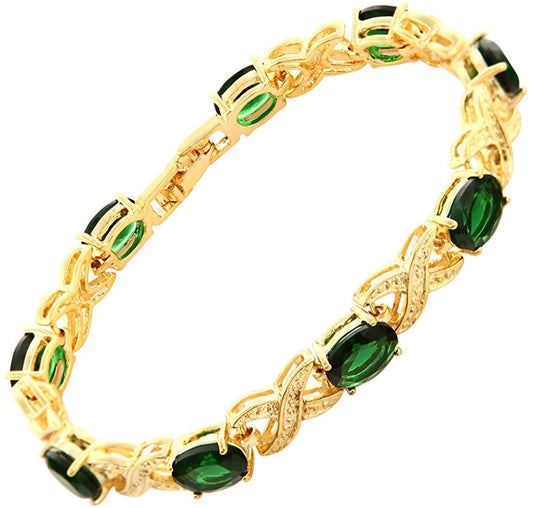 Yellow Gold Finish Green Emerald Oval Love & Kisses Tennis Bracelet – Luxury Jewelry