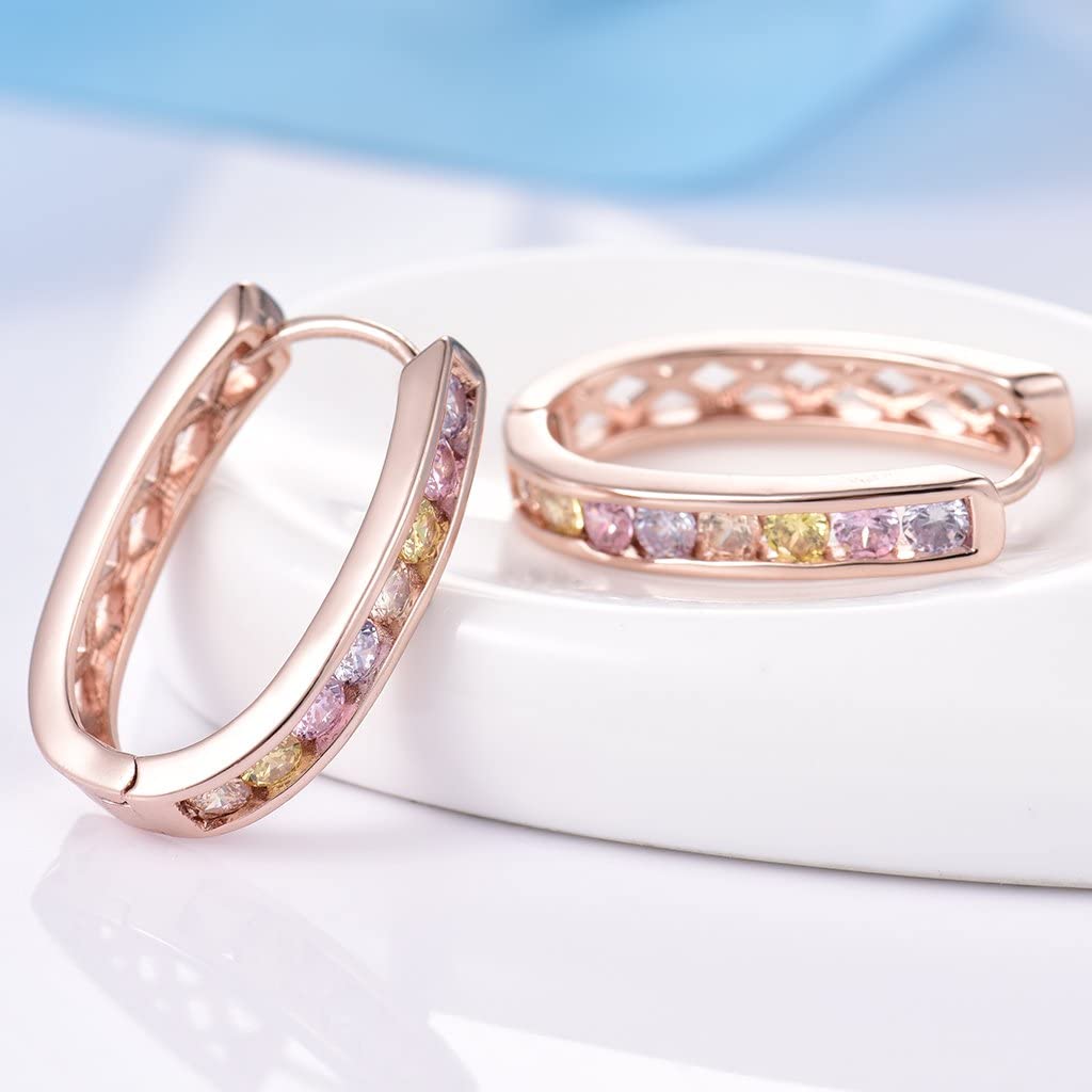 Elegance – Rose Gold Finish Multi-Colour Created Diamond Hoop Huggie Earrings for Womens