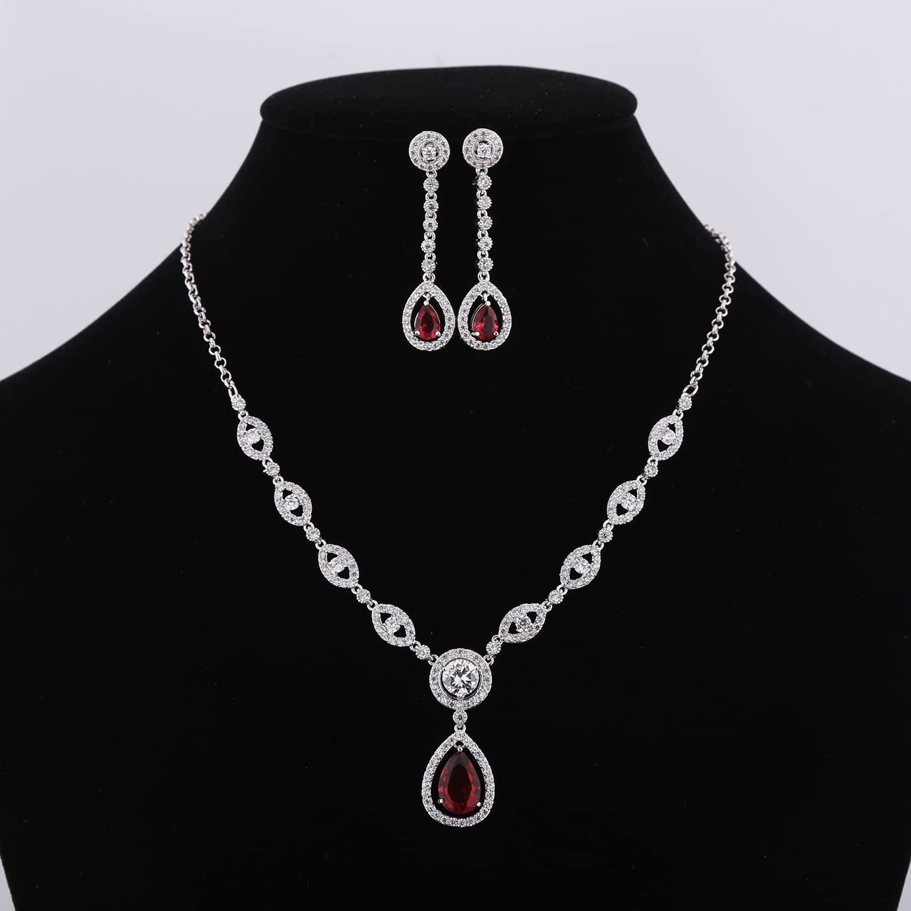 Sultana White Gold Women’s Party Red Jewellery Set Dangled Earrings and Silver Necklace Plated