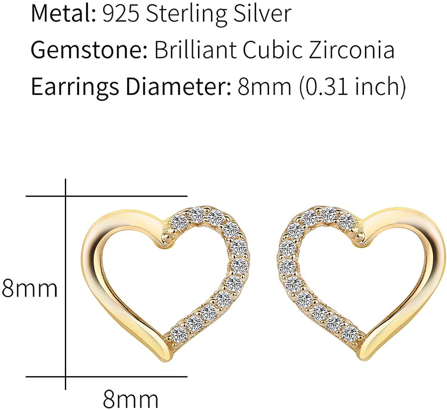 AMOUR – 925 Sterling Silver Studs With Sparkling Created Diamond Yellow Gold Finish Heart Shape For Women