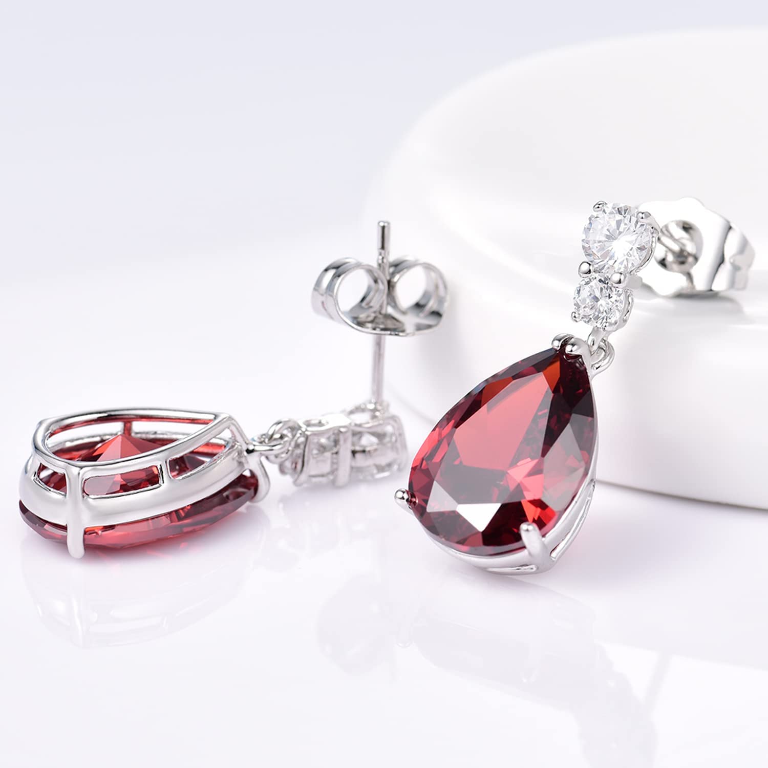 Classic Pearcut – White Gold Finish Red Ruby Created Diamond Teardrop Party Earrings