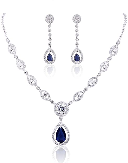 Sultana White Gold Women’s Party Blue Jewellery Set Dangled Earrings and Silver Necklace