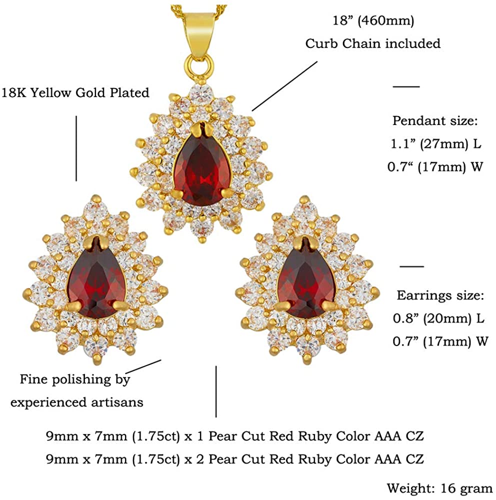 SULTANA – 18K Yellow Gold Finish Red Ruby Teardrop Jewellery Set With Cluster Created Diamond.