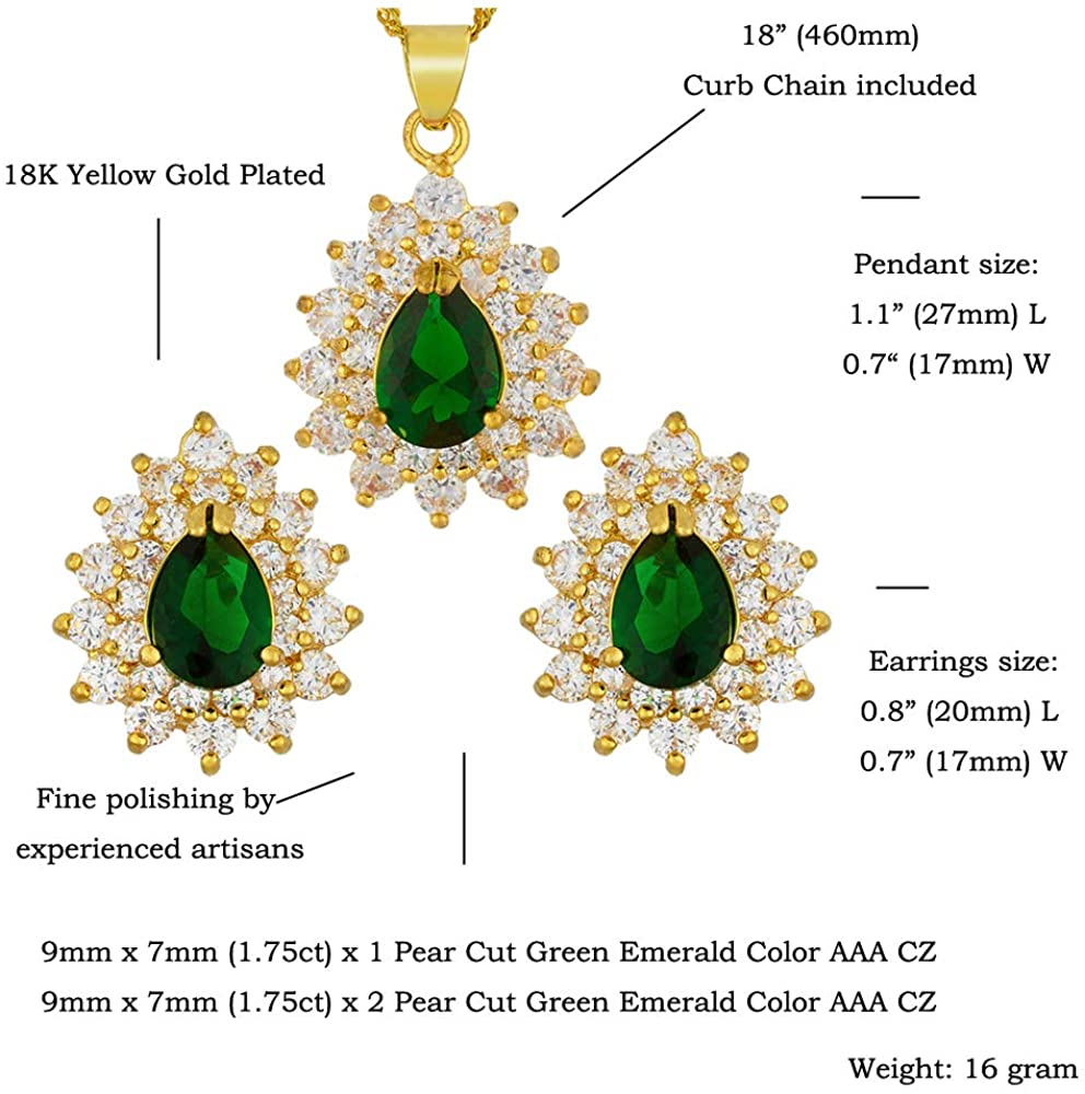 SULTANA – 18K Yellow Gold Finish Green Emerald Teardrop Jewellery Set With Cluster Created Diamond.