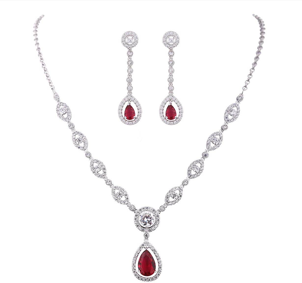 Sultana White Gold Women’s Party Red Jewellery Set Dangled Earrings and Silver Necklace Plated