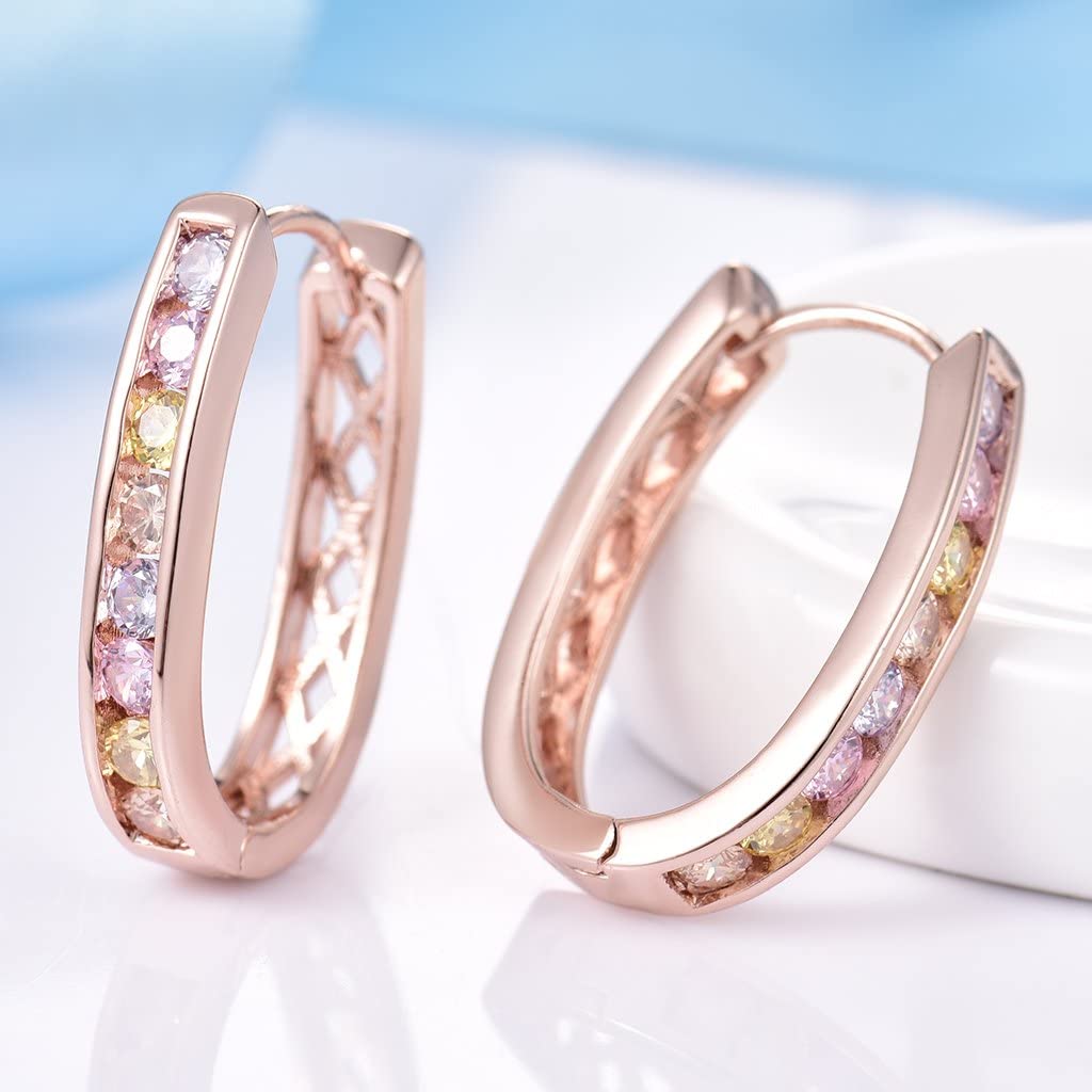 Elegance – Rose Gold Finish Multi-Colour Created Diamond Hoop Huggie Earrings for Womens